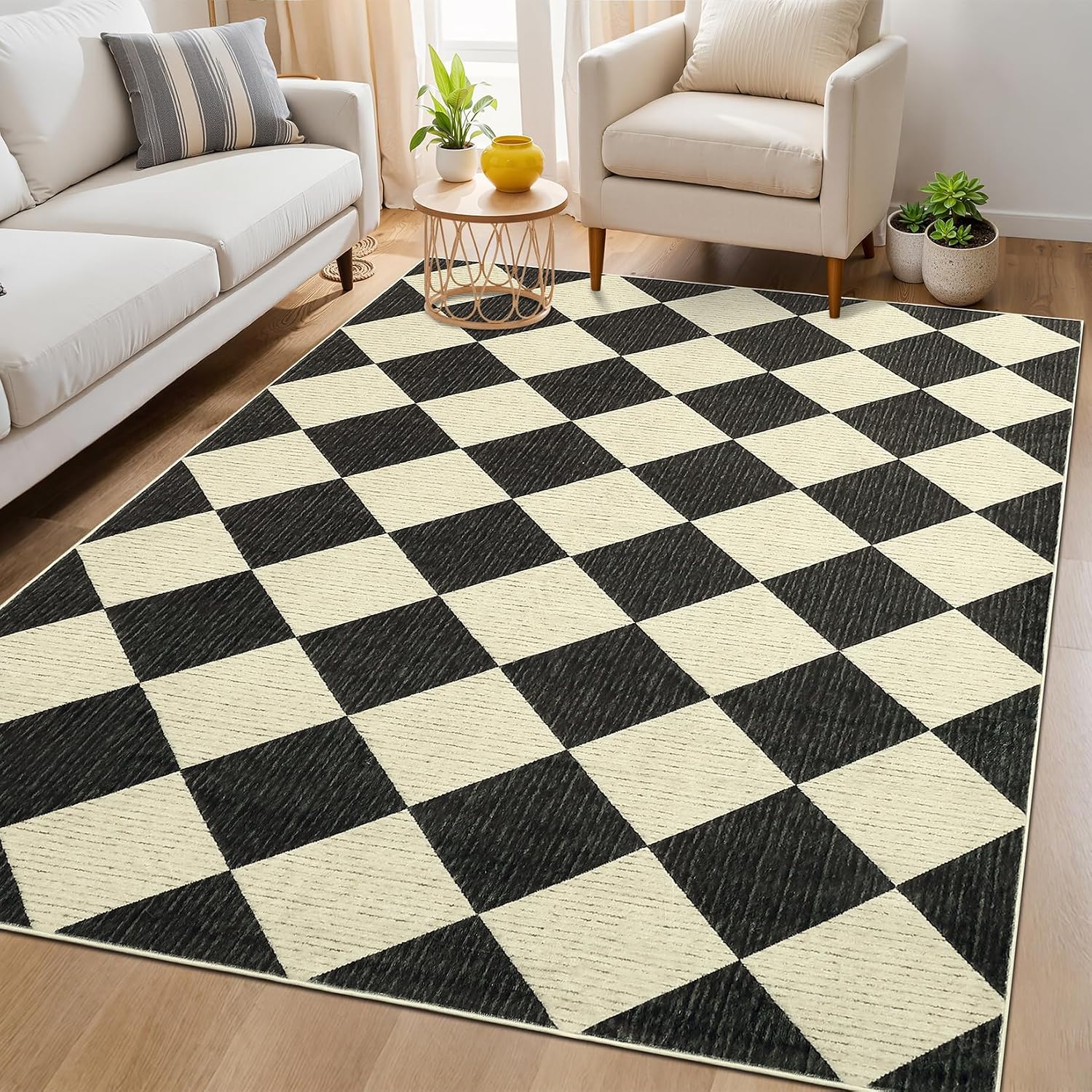 81fAAffglTL._AC_SL1500_.jpg 6x9 Modern Checkered Area Rug, Geometric Farmhouse Washable Rugs for Living Room Bedroom, Soft Low Pile Non Slip Diamond Floor Mat Plaid Print Throw Rug Indoor Carpet Kids Room Classroom - Image 1