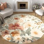 Floral Round Rug 6ft Area Rug Indoor Circle 6' Round Washable Modern Oriental Flower Print Non Slip Carpet for Living Room Dining Room Bedroom Office Decor Pink/Grey