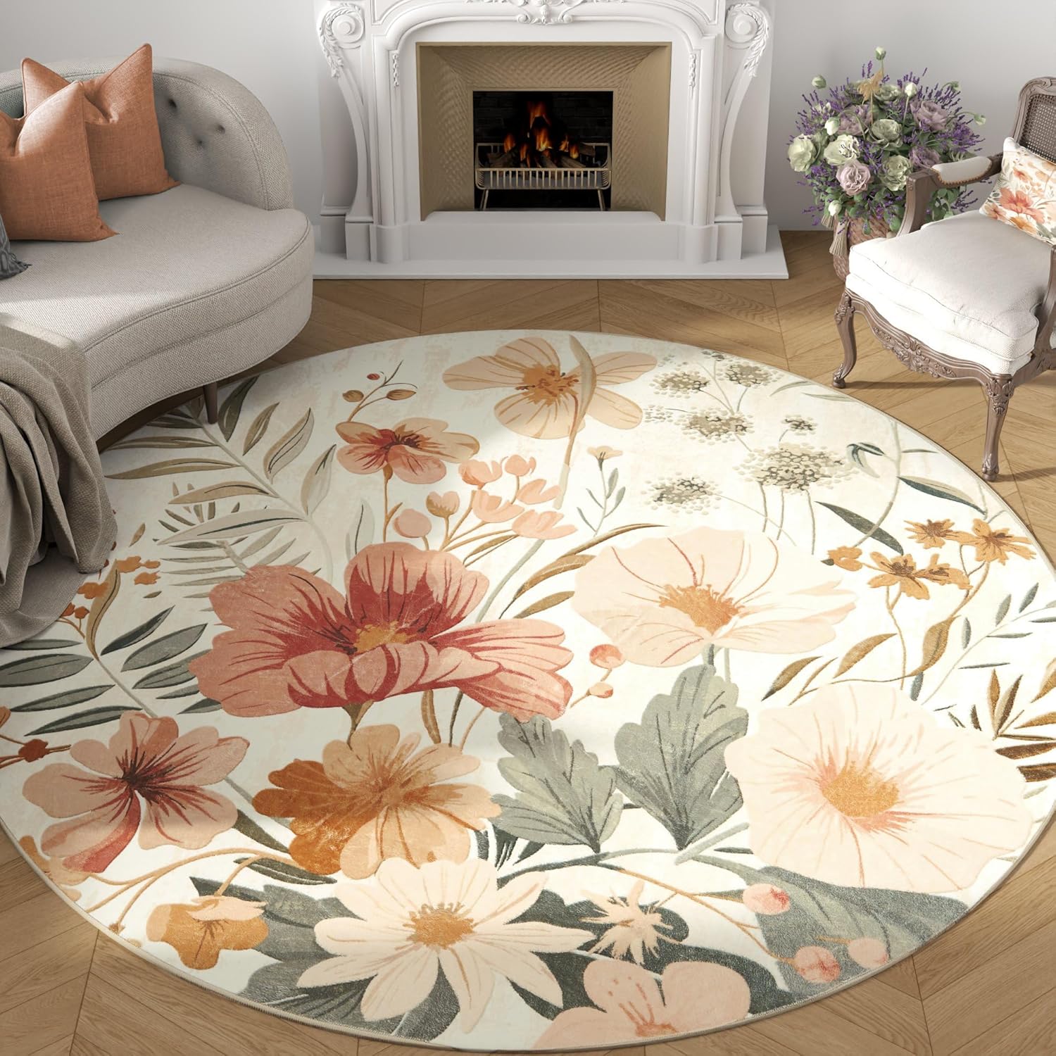 81hTMjsjPL._AC_SL1500_.jpg Floral Round Rug 6ft Area Rug Indoor Circle 6' Round Washable Modern Oriental Flower Print Non Slip Carpet for Living Room Dining Room Bedroom Office Decor Pink/Grey - Image 1