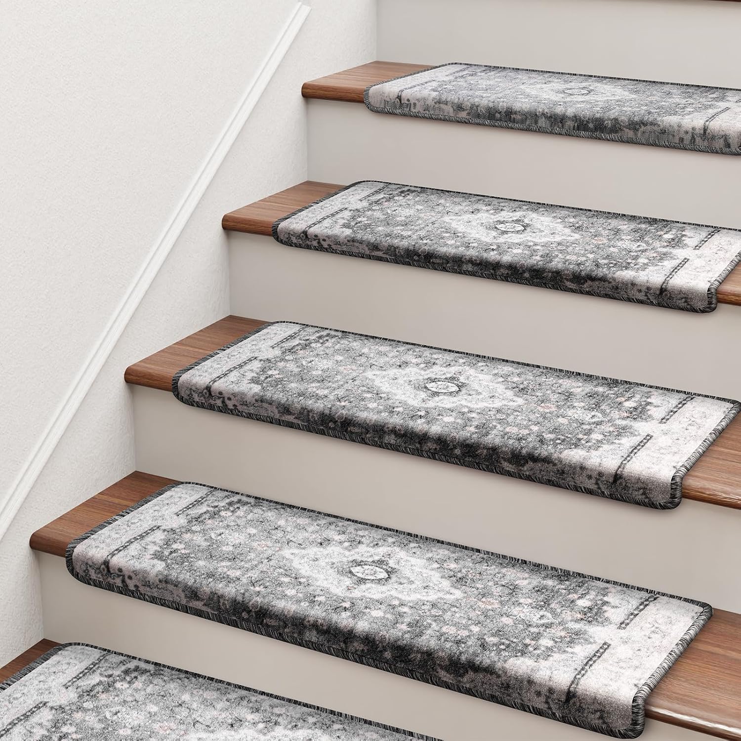 81jILsUS5wL._SL1500_.jpg Bullnose Stair Treads for Wooden Steps, Non Slip Stair Carpet for Indoor Runner and Pets, Soft Edging Staircase Protectors Reusable, Washable, 29.5"x9.5"x1.5" 14pcs, Grey - Image 1