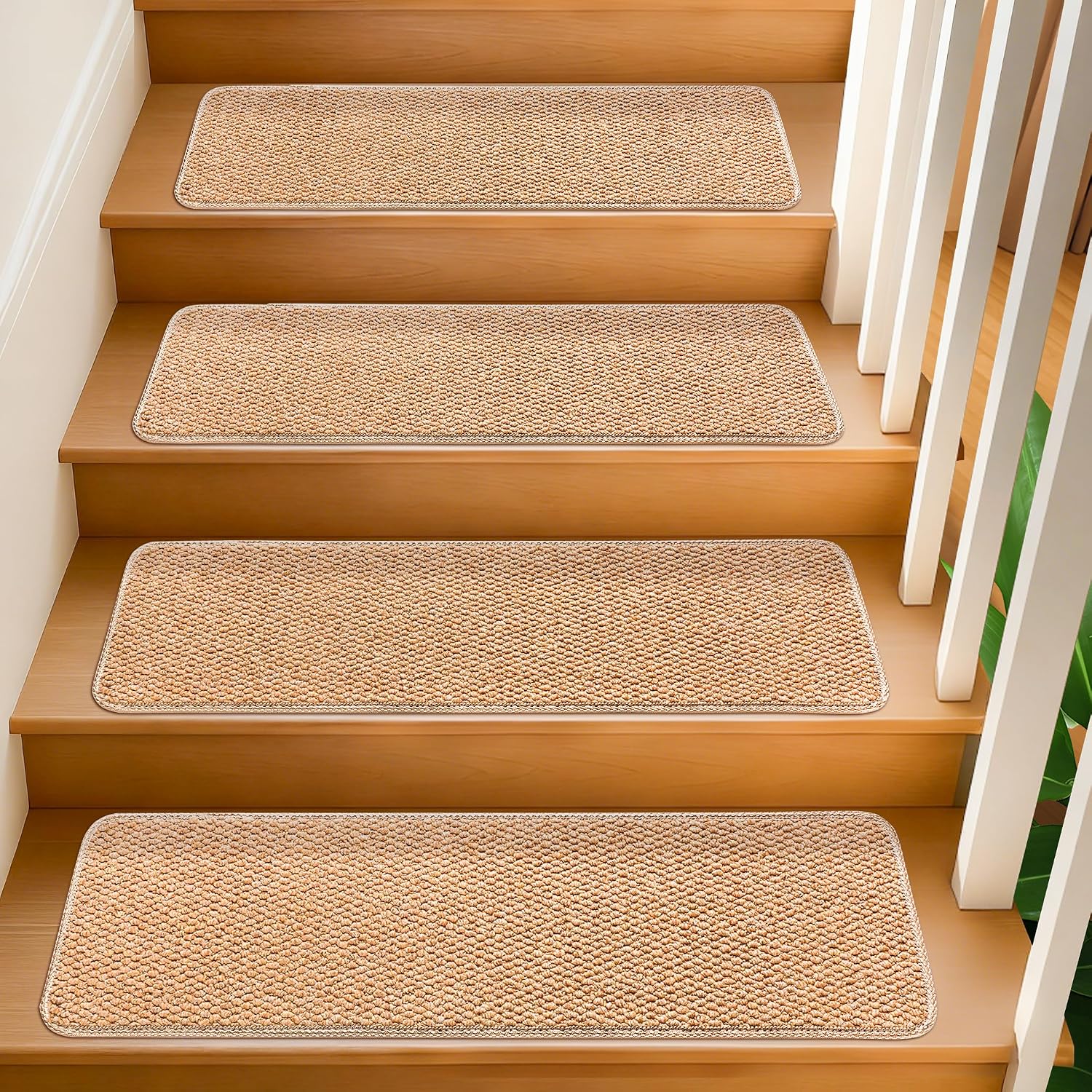 9130mQi76mL._AC_SL1500_.jpg Stair Treads for Wooden Steps Indoor 9x30 Inch, 15 Pcs Non Slip Peel and Stick Carpet Stair Treads Self Adhesive, Washable & Reusable Stair Runner Rugs for Kids Elders and Pets - Beige - Image 1