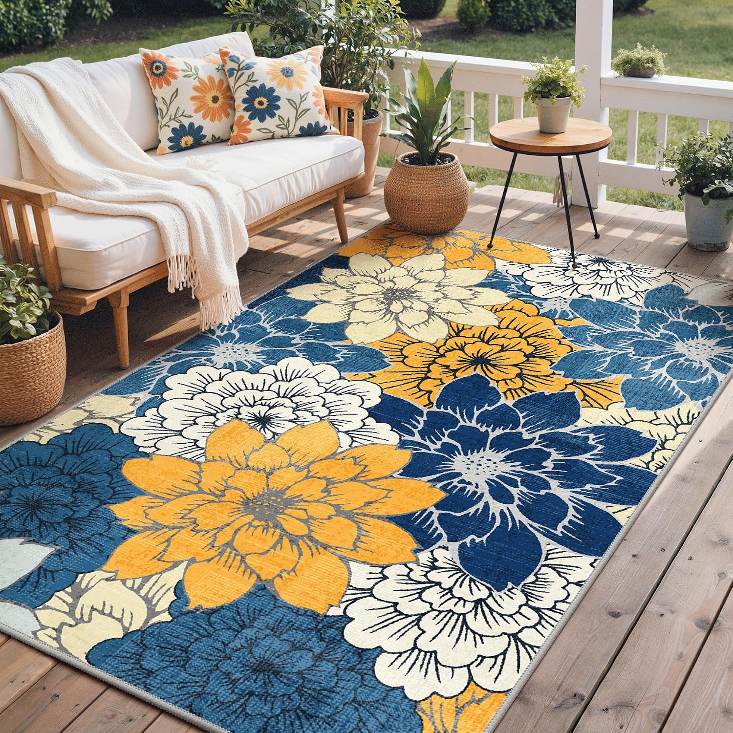 913V1un6EcL._AC_SL1500_.jpg Indoor Outdoor Area Rug 6'x9', Machine Washable Rugs for Patio, Waterproof, Non-Slip Easy Cleaning Floral Outdoor Mat Carpet for Living Room, Bedroom, RV, Balcony, Deck, Camping, Navy Blue - Image 1