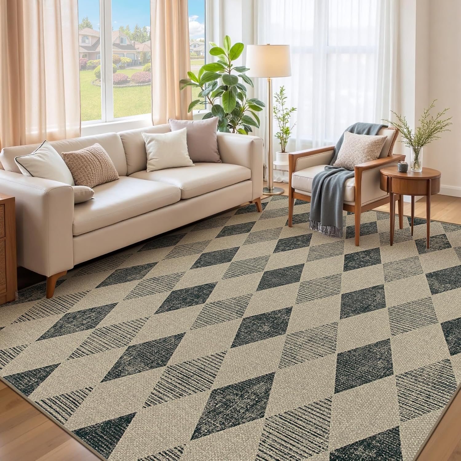 91ZhhUjjT-L._AC_SL1500_.jpg Easy Jute Rug 6x9 Checkered Rugs: Washable Woven Area Rug Non Slip Non Shedding Indoor Outdoor Carpet for Living Room Bedroom Dining Room Farmhouse Patio (6'x9' Black Diamond) - Image 1